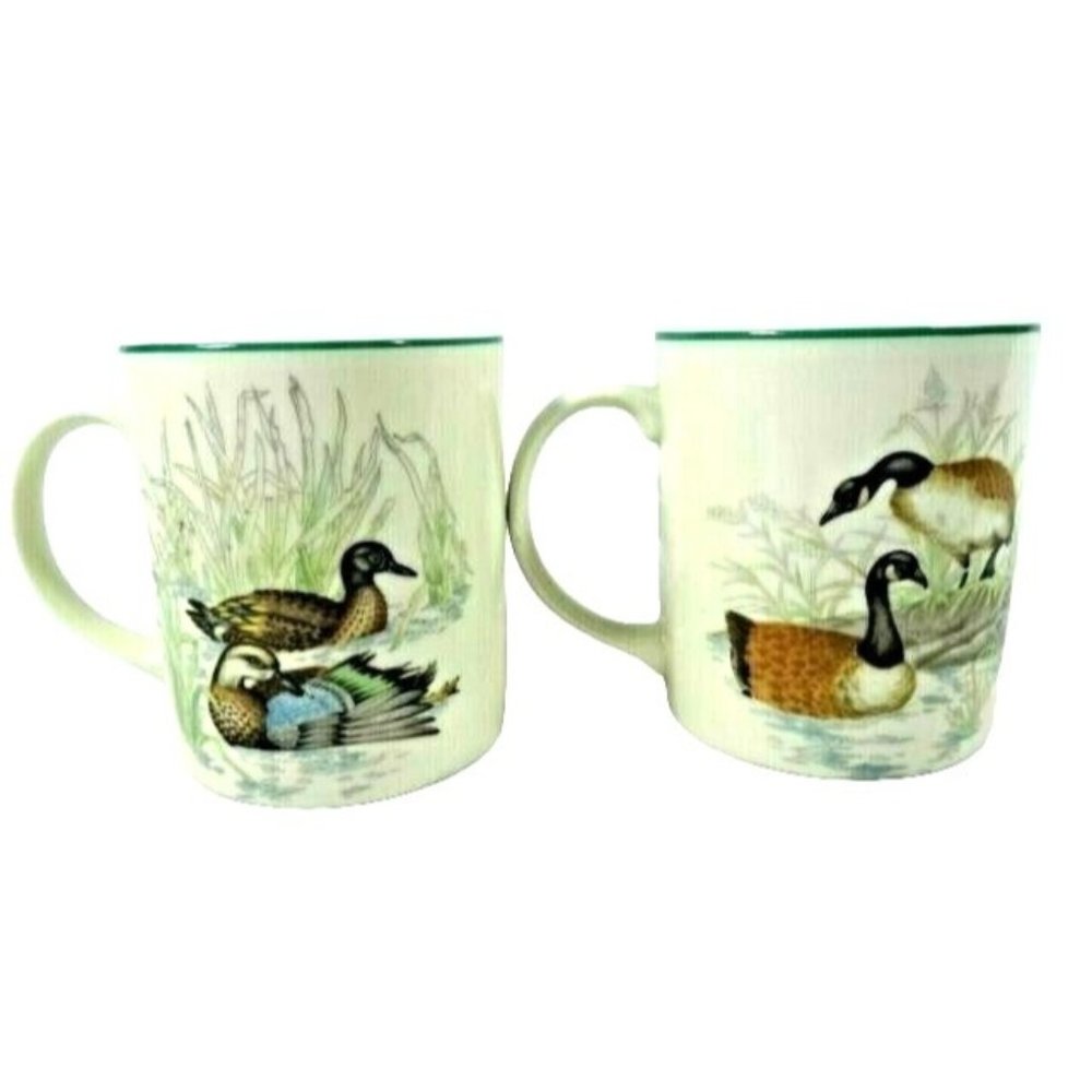 Cape Cod Candle Company Coffee Mugs 2-Pc Geese and Ducks in Reeds Cream Gift